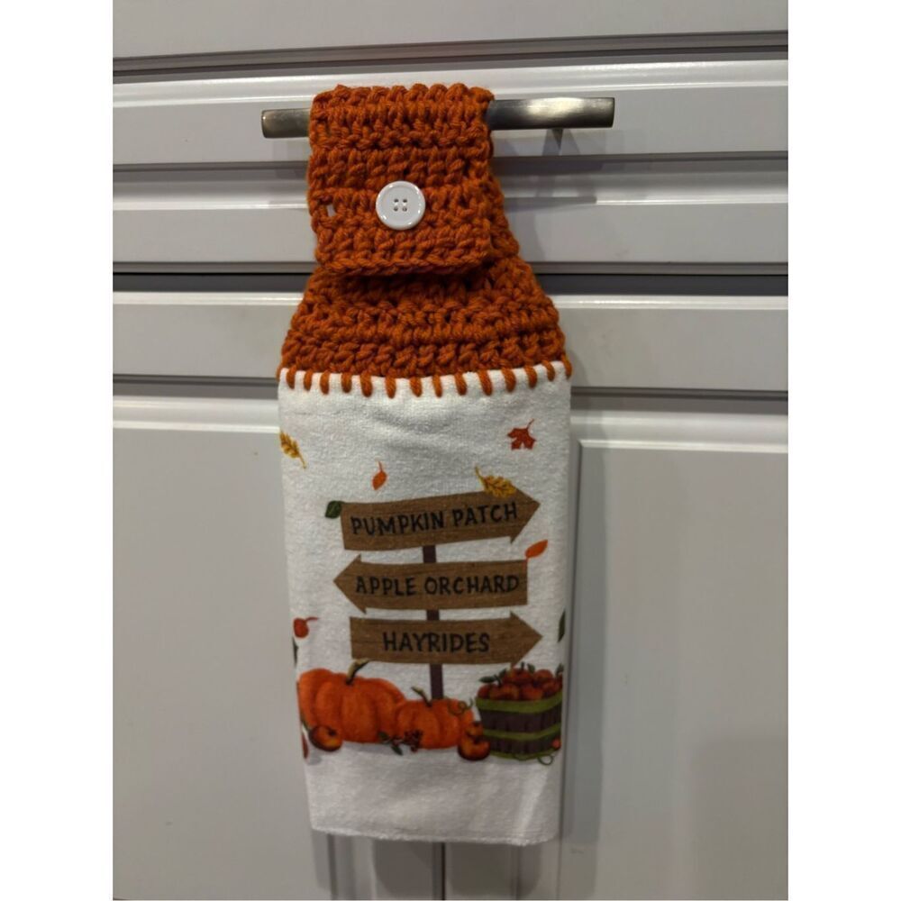 Crochet Top Kitchen Towel-Pumpkin patch apple orchard